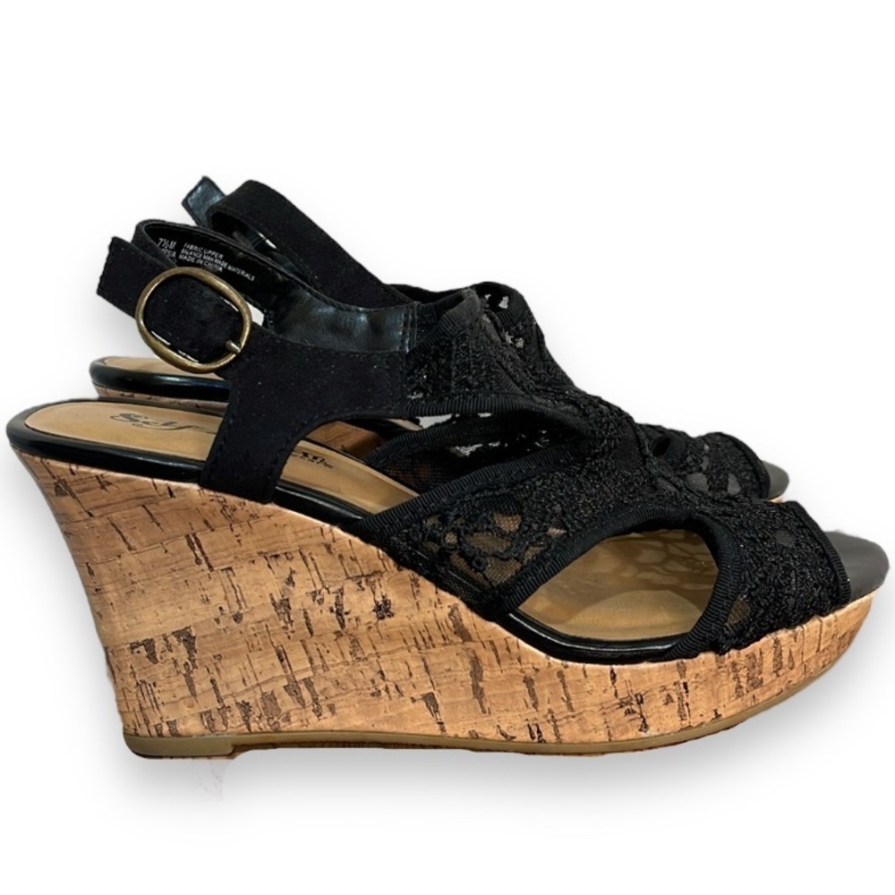 Self Esteem Womens Artesia Shoe Size 7.5 Black Lace Cork Wedges Ankle Strap